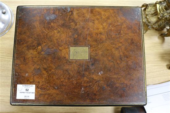 A Victorian Asprey burr walnut toilet box length 30cm